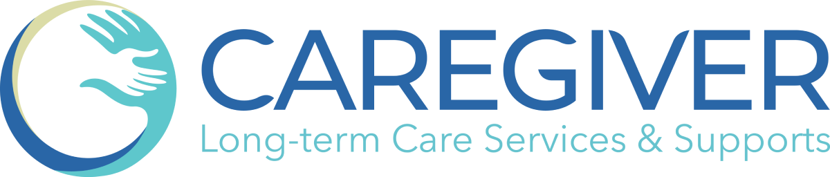 Logo with a hand and blue circle on the left, next to the text "CAREGIVER Long-term Care Services & Supports.