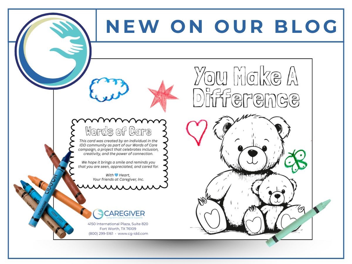 Coloring page with teddy bears and crayons.