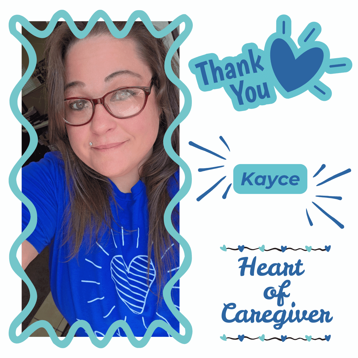 Woman in blue shirt, caregiver appreciation design.