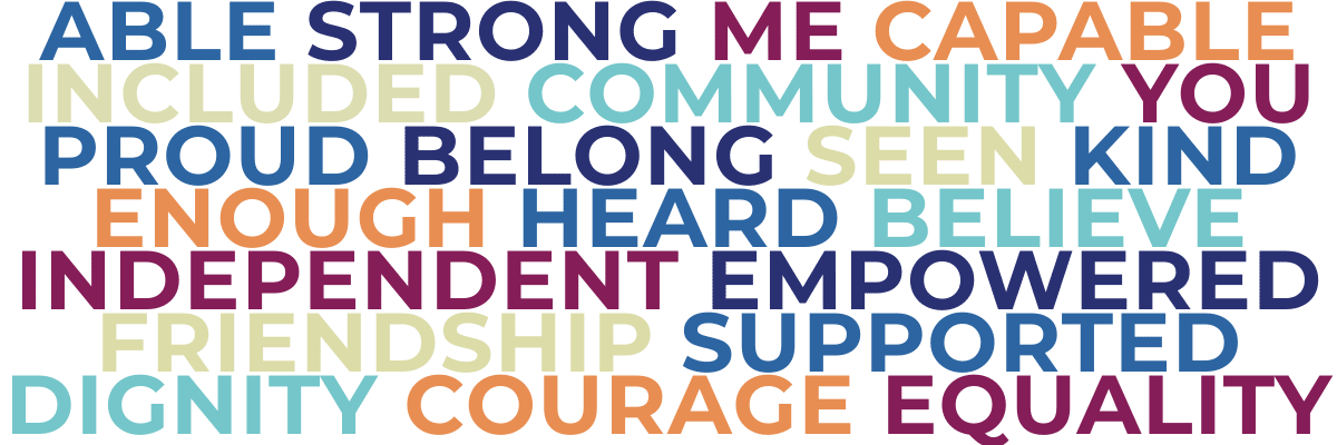 Empowering words in colorful text on black.