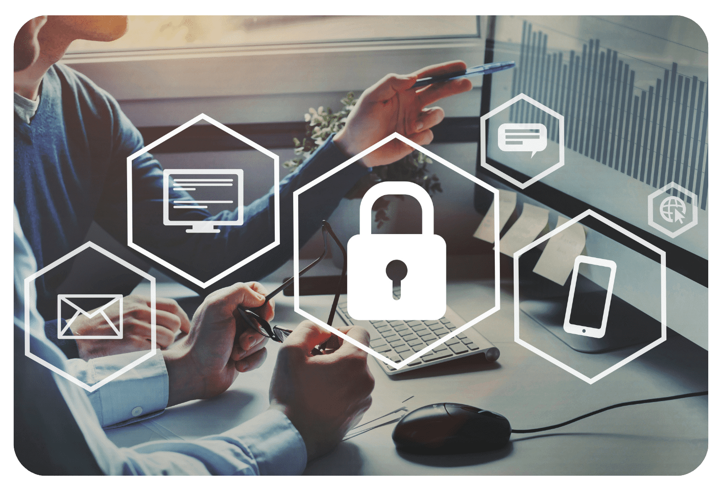Digital security concept with lock and icons.