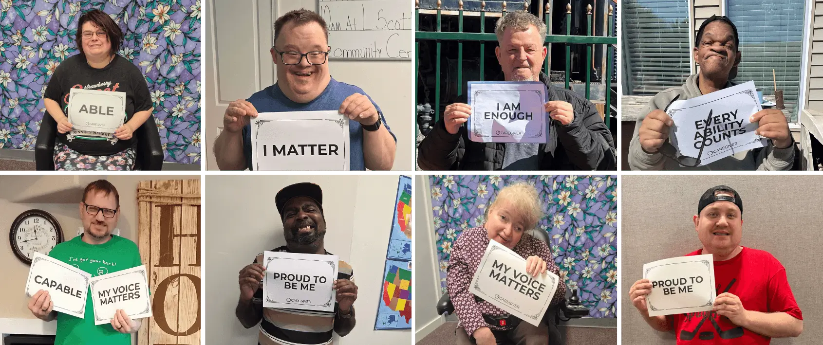 Nine people holding affirmation signs in grid